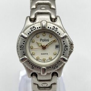 Vintage Polini Women's Watch 27mm Silver Tone Diver Style Date New Battery 6.25"